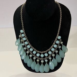 Elegant Aqua Blue Teardrop Statement Necklace Gold Chain Layered Bib Beaded